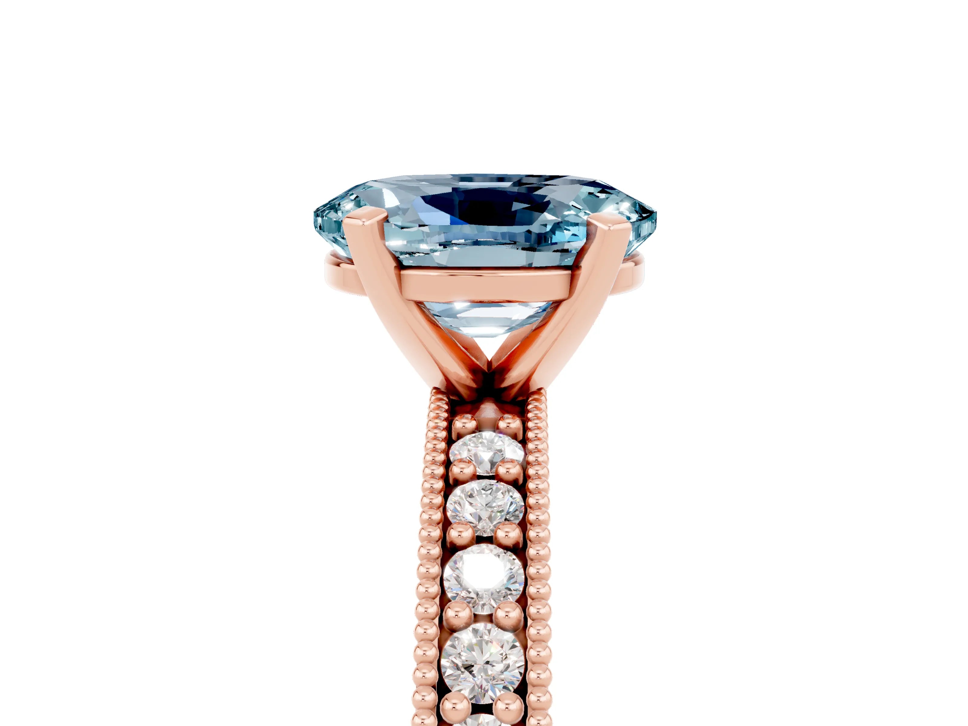 Rose gold Oval Cut Aquamarine Milgrain Pavé Engagement Ring with Four-Prong Setting_17