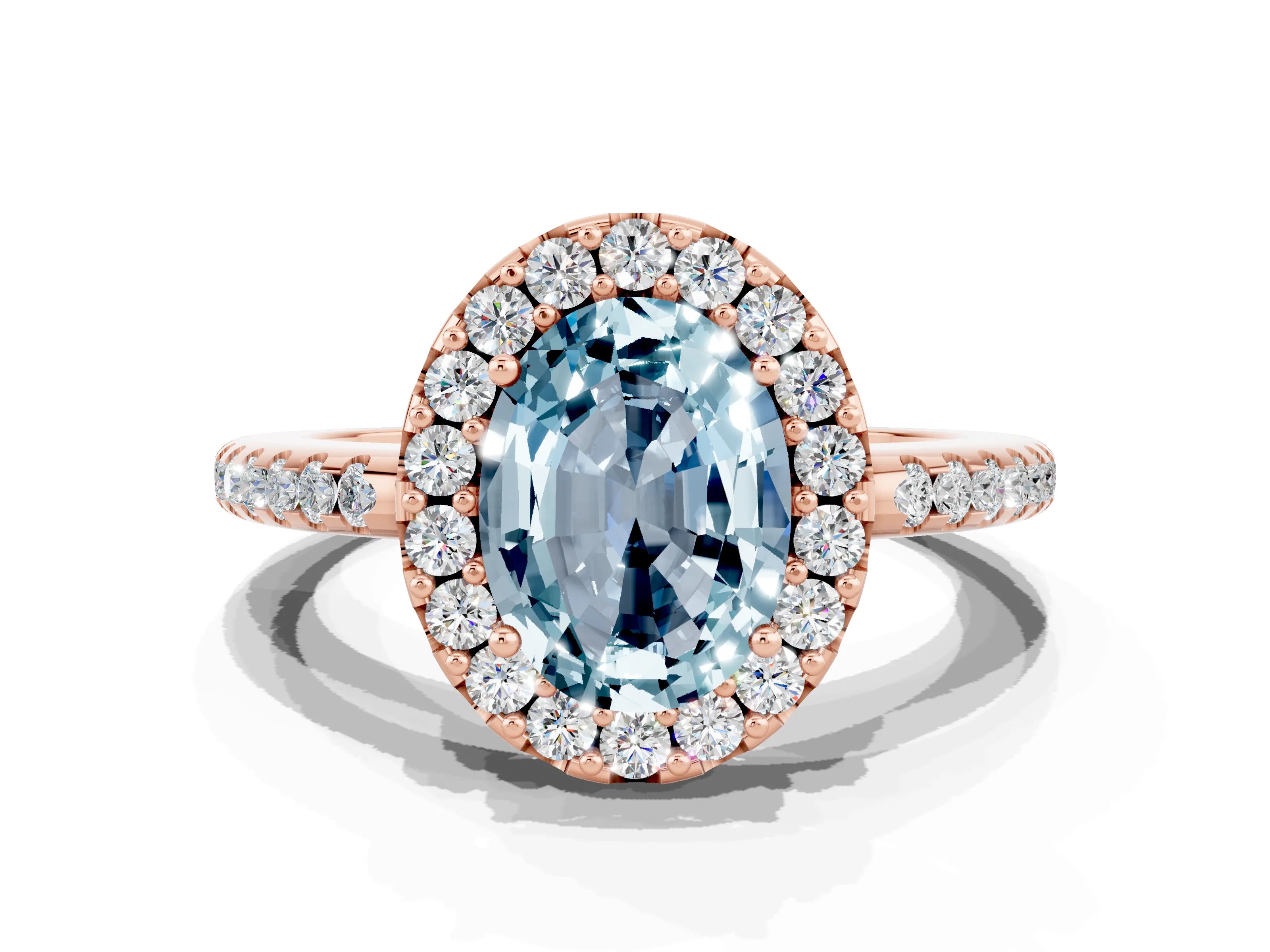 Rose gold Oval Cut Aquamarine Pavé Halo Ring with Four-Prong Setting_12