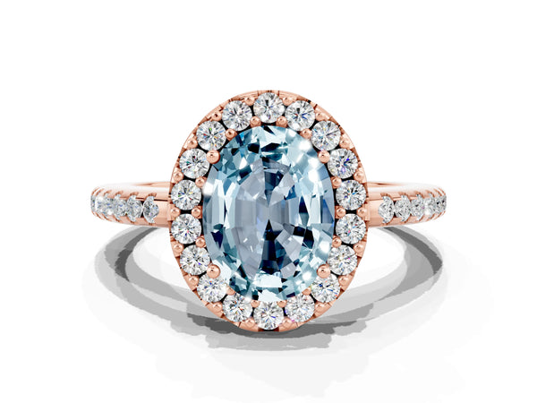 Rose gold Oval Cut Aquamarine Pavé Halo Ring with Four-Prong Setting