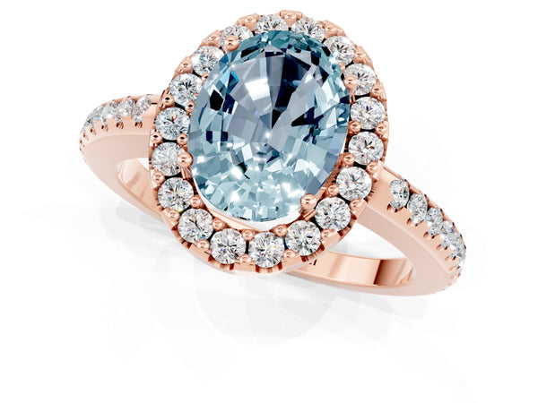 Rose gold Oval Cut Aquamarine Pavé Halo Ring with Four-Prong Setting