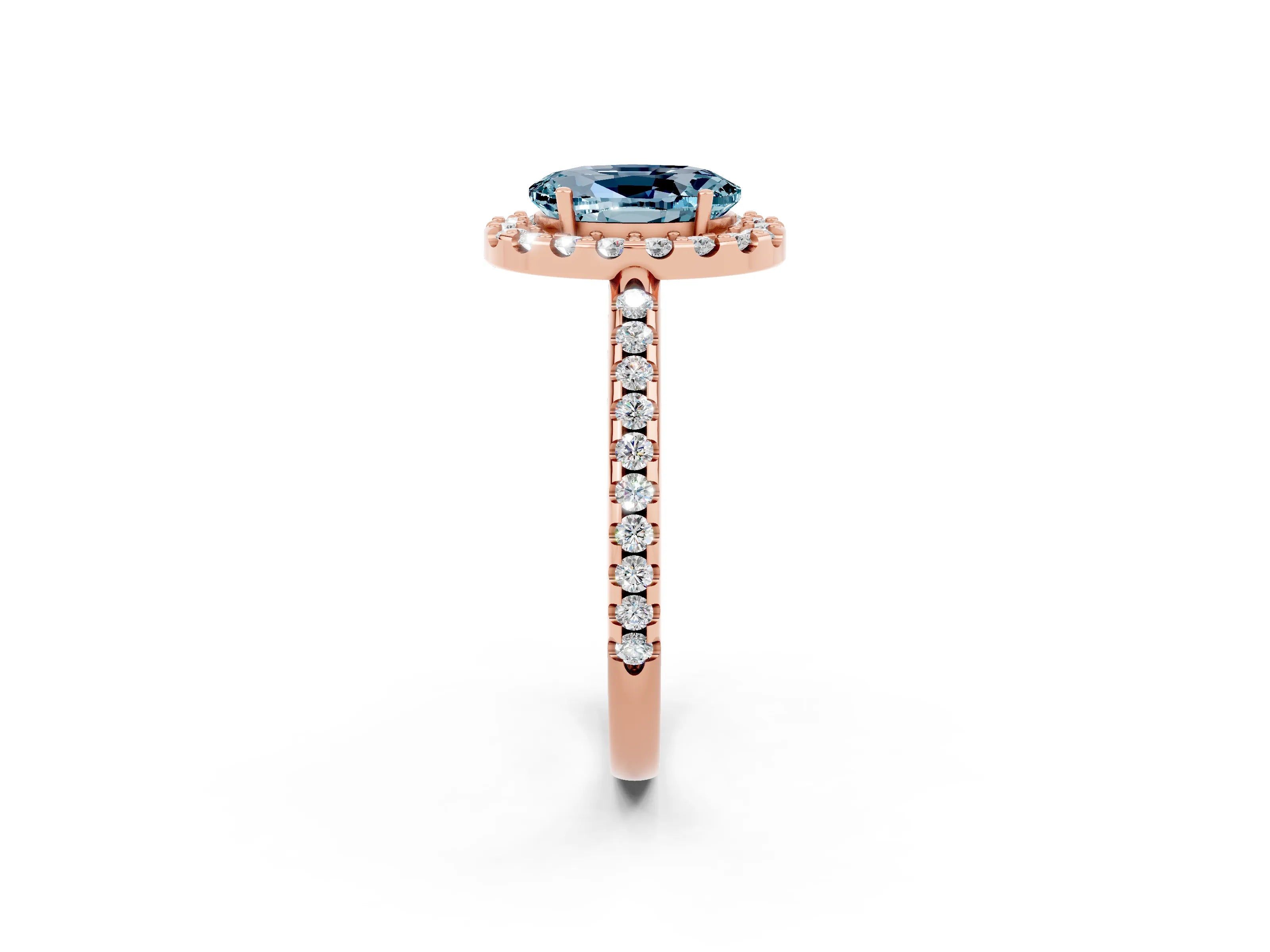 Rose gold Oval Cut Aquamarine Pavé Halo Ring with Four-Prong Setting_14