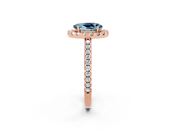 Rose gold Oval Cut Aquamarine Pavé Halo Ring with Four-Prong Setting