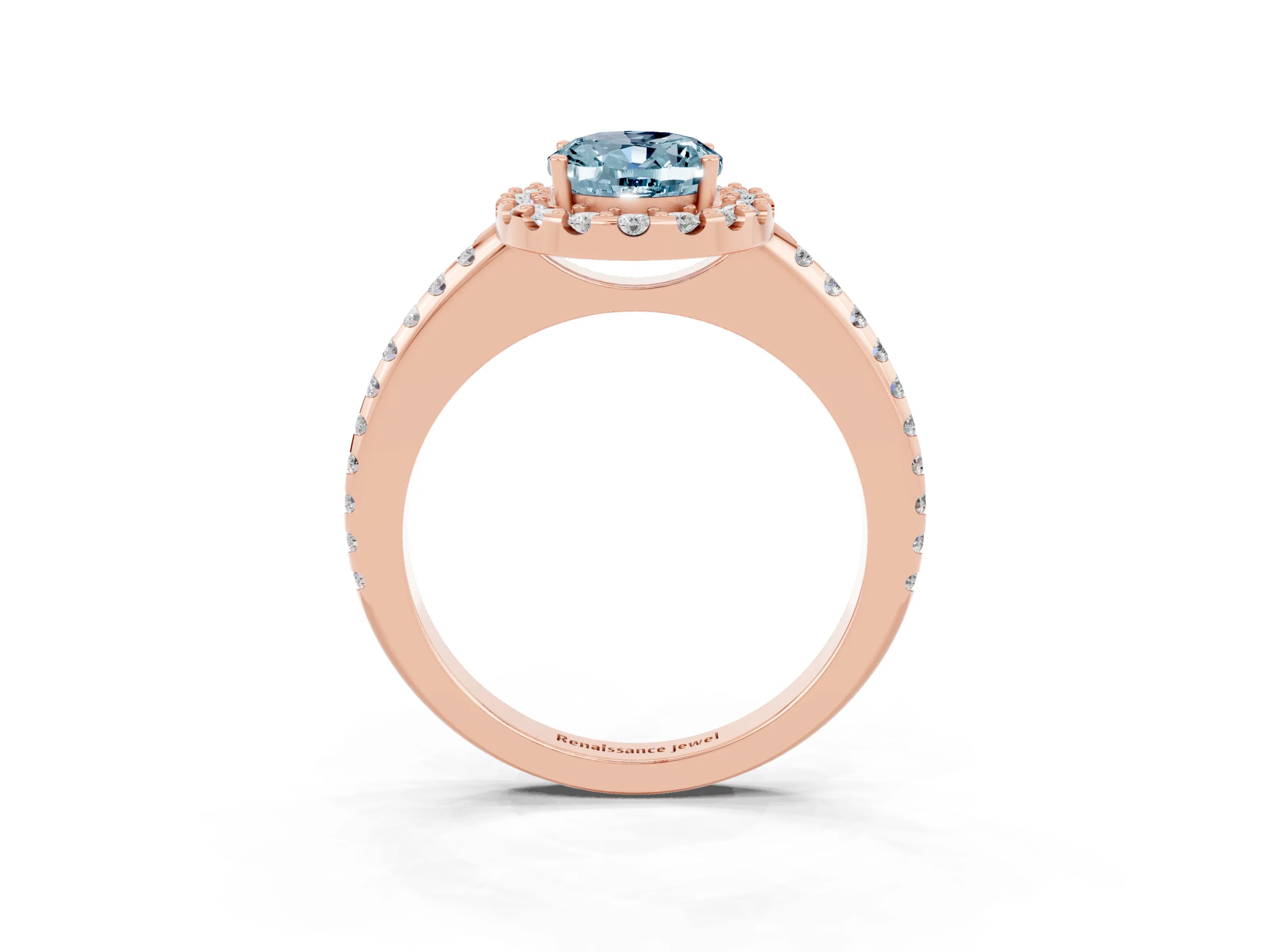 Rose gold Oval Cut Aquamarine Pavé Halo Ring with Four-Prong Setting_15