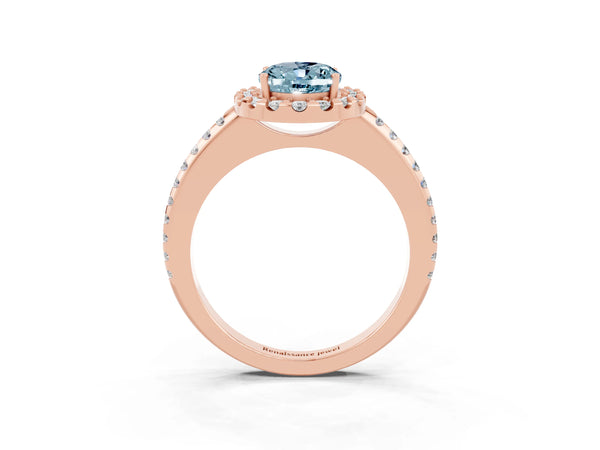 Rose gold Oval Cut Aquamarine Pavé Halo Ring with Four-Prong Setting