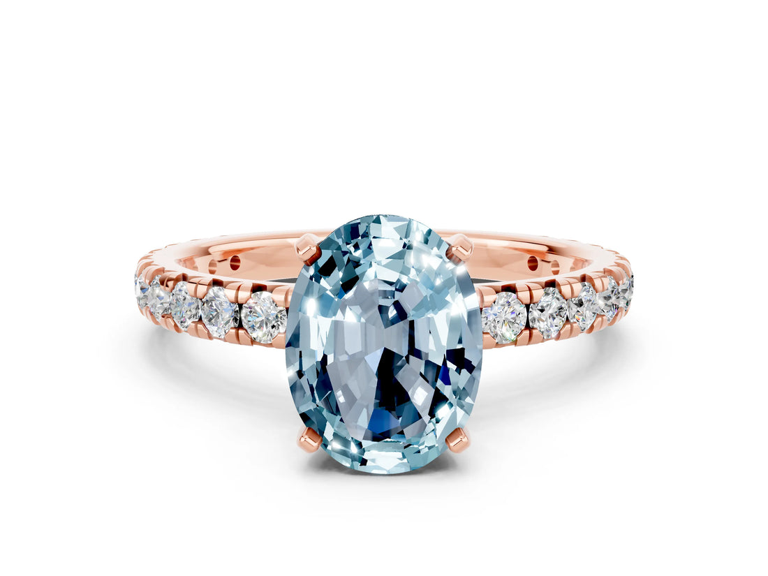 Rose gold Oval Cut Aquamarine Pavé Solitaire Ring with Round Band and Prong Setting_24