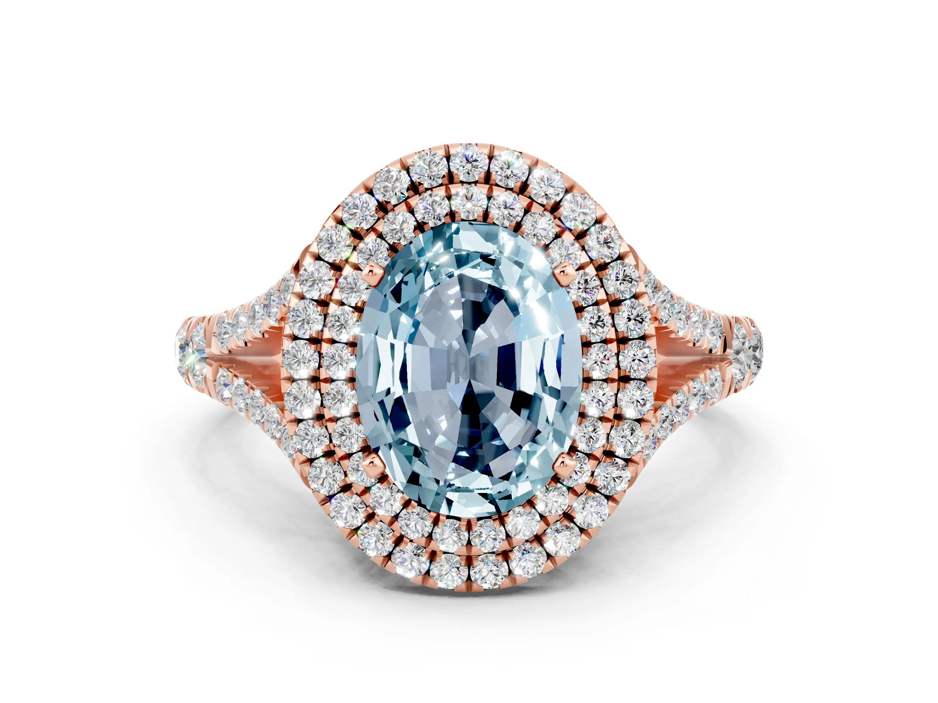 Rose gold Oval Cut Aquamarine Pavé Split Shank Double Halo Engagement Ring