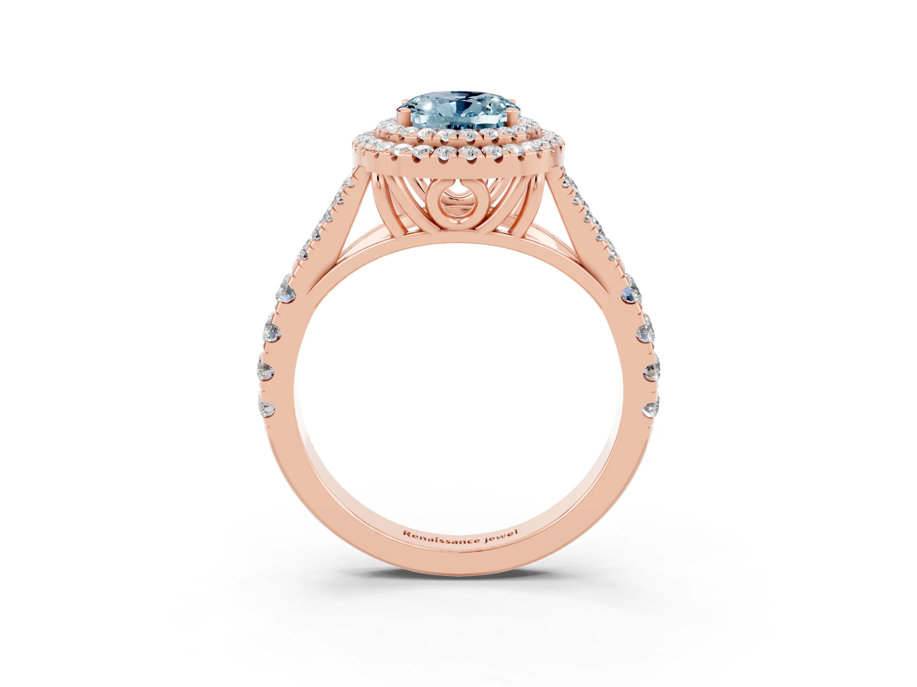 Rose gold Oval Cut Aquamarine Pavé Split Shank Double Halo Engagement Ring_3