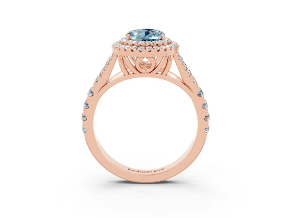 Rose gold Oval Cut Aquamarine Pavé Split Shank Double Halo Engagement Ring