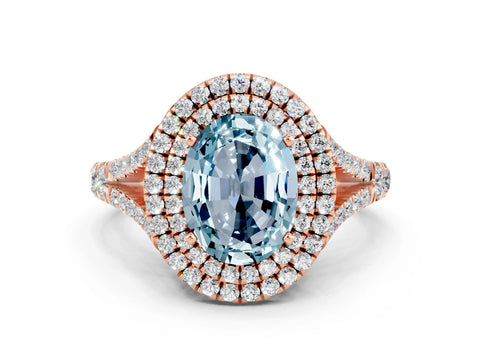 Rose gold Oval Cut Aquamarine Pavé Split Shank Double Halo Engagement Ring