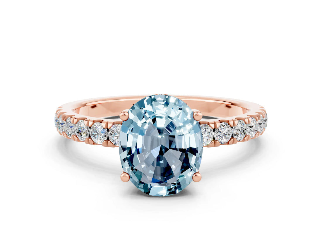 Rose gold Oval Cut Aquamarine Pave Band Solitaire Ring with Four-Prong Setting_24