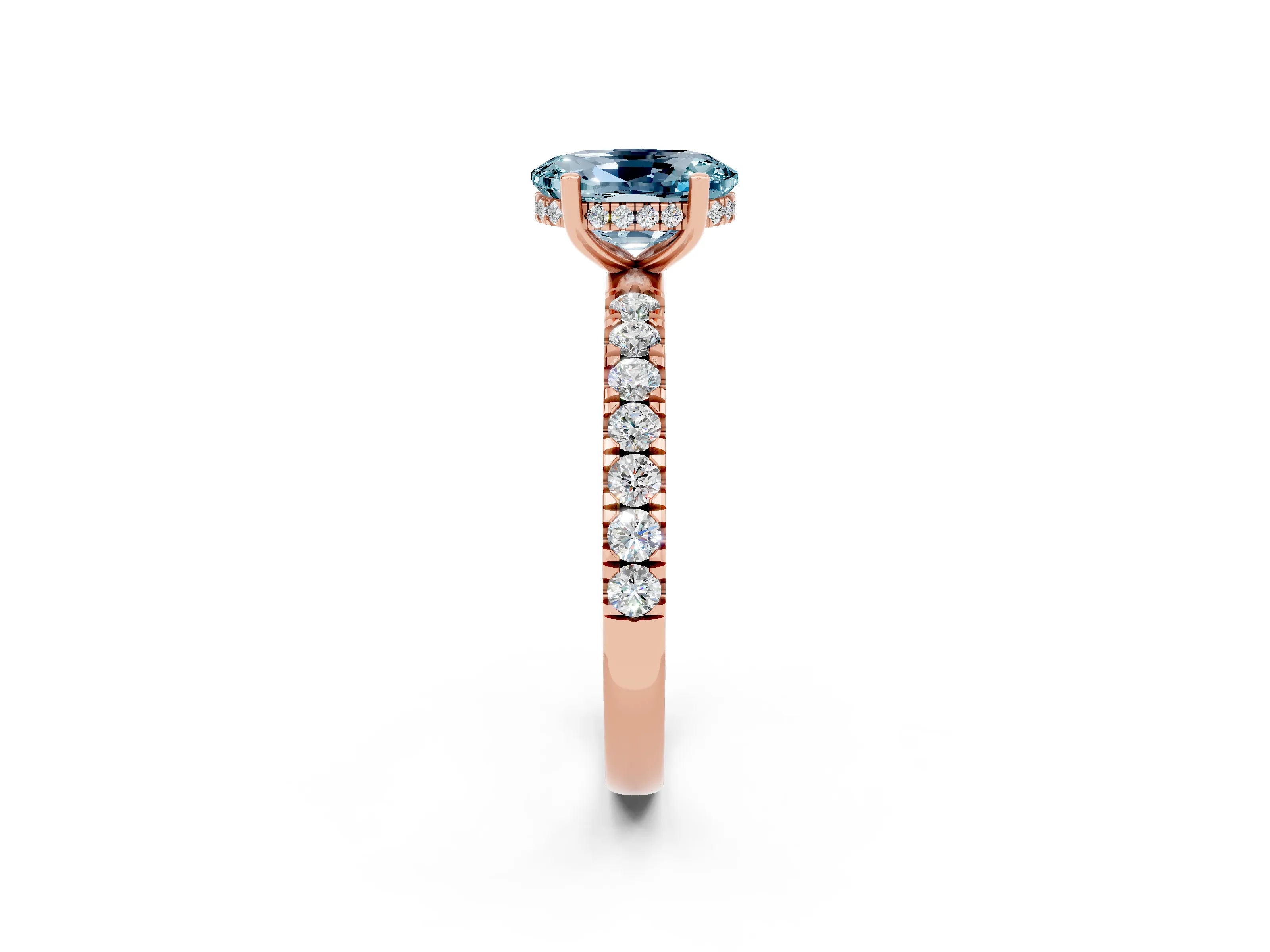 Rose gold Oval Cut Aquamarine Pave Band Solitaire Ring with Four-Prong Setting_26