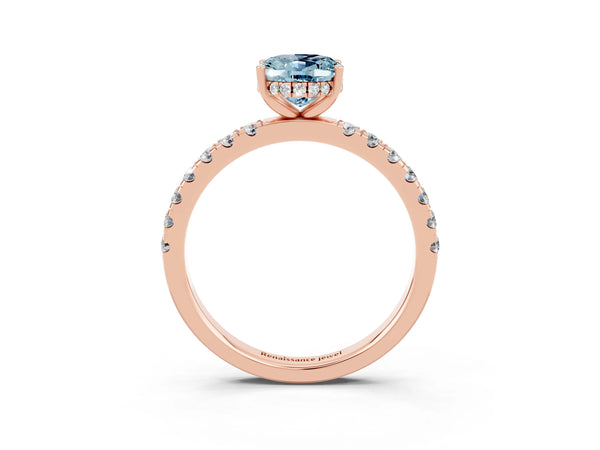 Rose gold Oval Cut Aquamarine Pave Band Solitaire Ring with Round  and Prong Setting