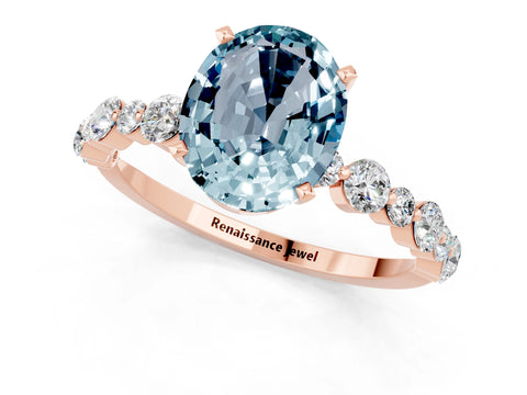 Rose gold Oval Cut Aquamarine Prong Set Engagement Ring with Pavé Band_1