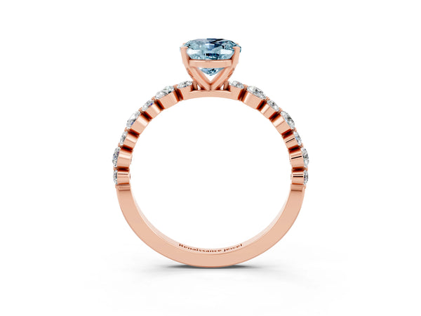 Rose gold Oval Cut Aquamarine Prong Set Engagement Ring with Pavé Band