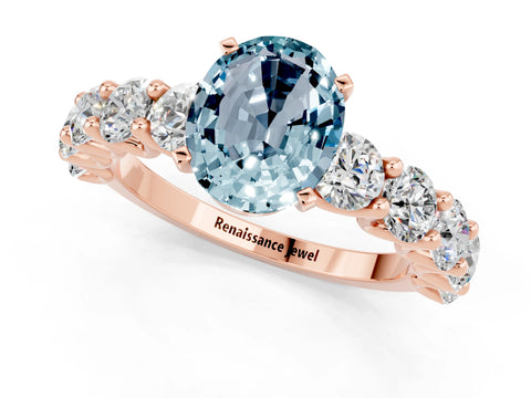 Rose gold Oval Cut Aquamarine Prong Setting with Side Stones on a Pave Band_1
