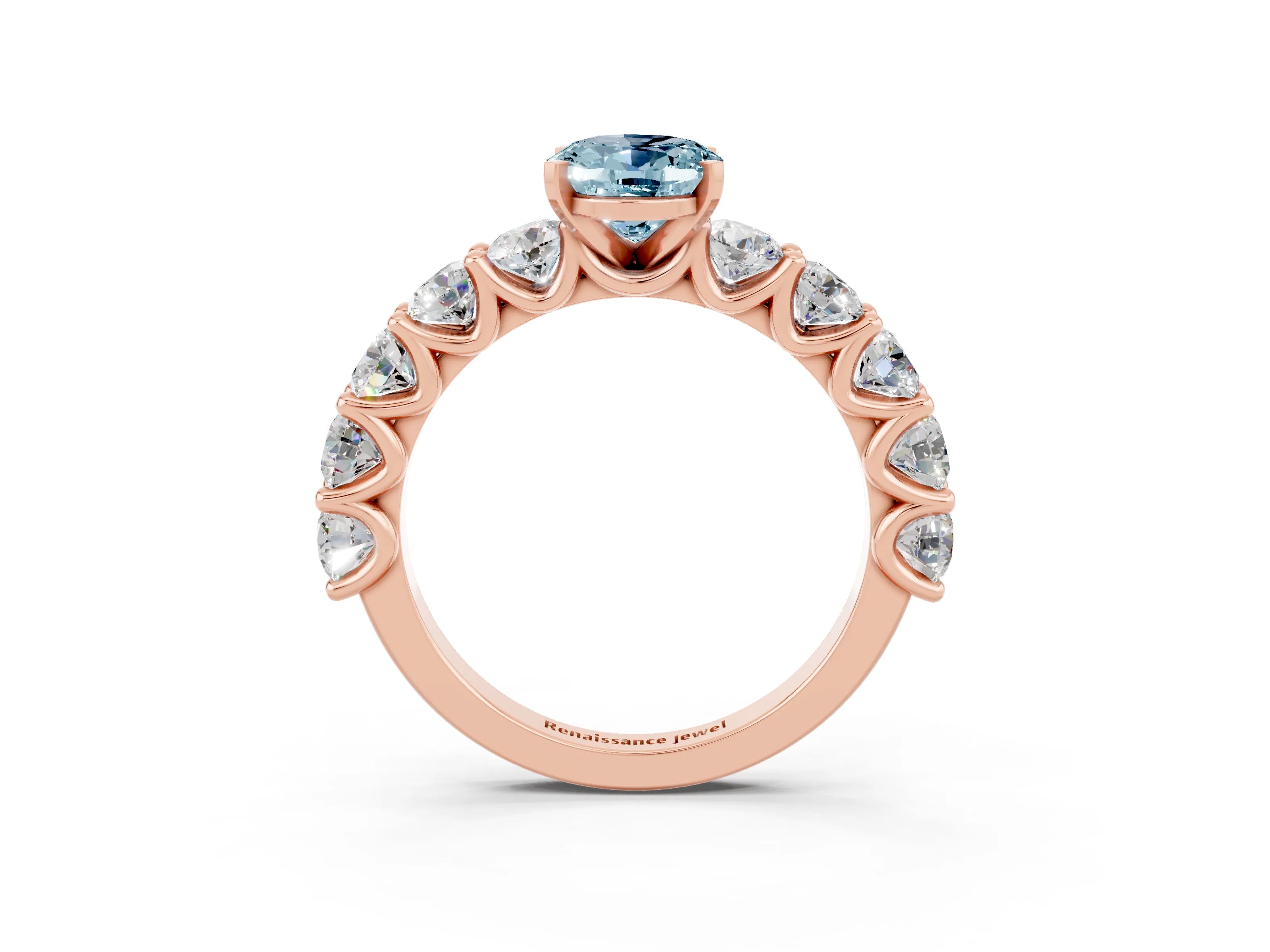 Rose gold Oval Cut Aquamarine Prong Setting with Side Stones on a Pave Band_3