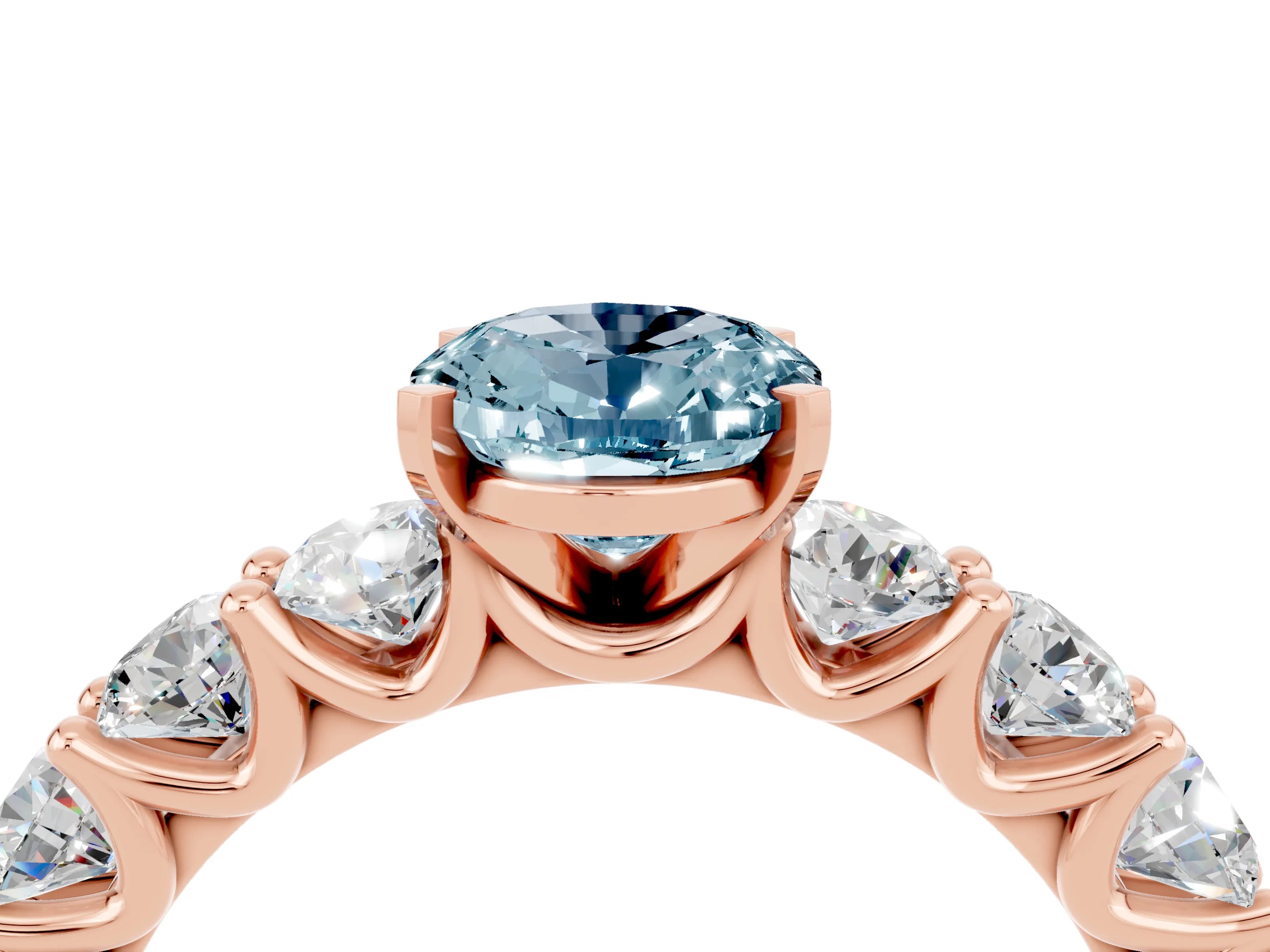 Rose gold Oval Cut Aquamarine Prong Setting with Side Stones on a Pave Band_4