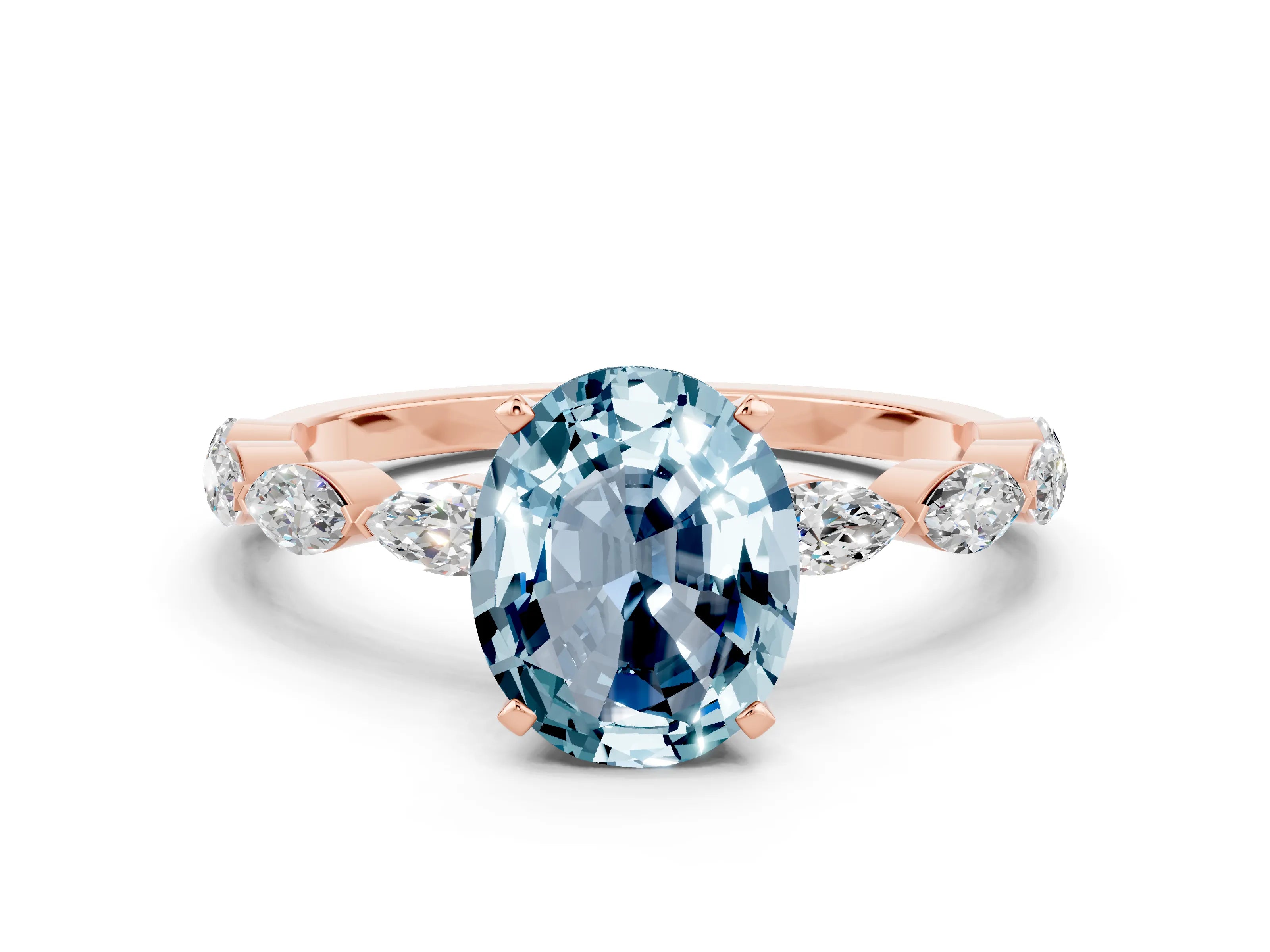 Rose gold Oval Cut Aquamarine Ring with Marquise Side Stones and Prong Setting