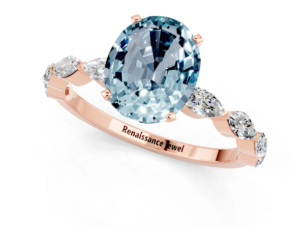 Rose gold Oval Cut Aquamarine Ring with Marquise Side Stones and Prong Setting