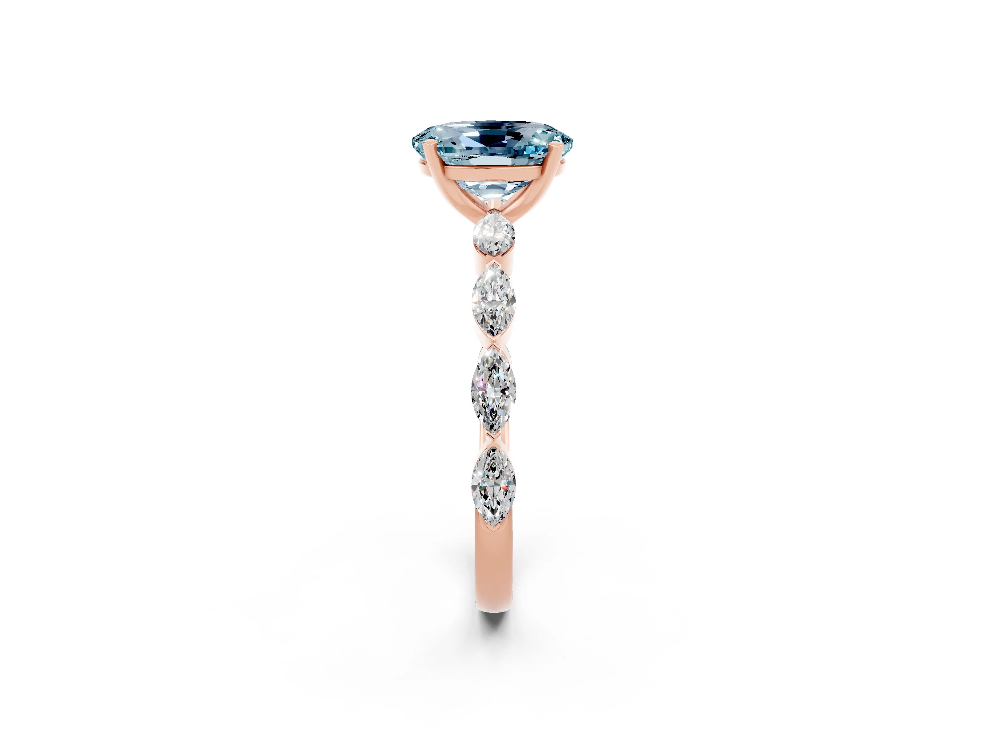 Rose gold Oval Cut Aquamarine Ring with Marquise Side Stones and Prong Setting_2