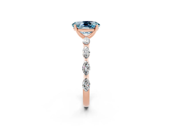 Rose gold Oval Cut Aquamarine Ring with Marquise Side Stones and Prong Setting