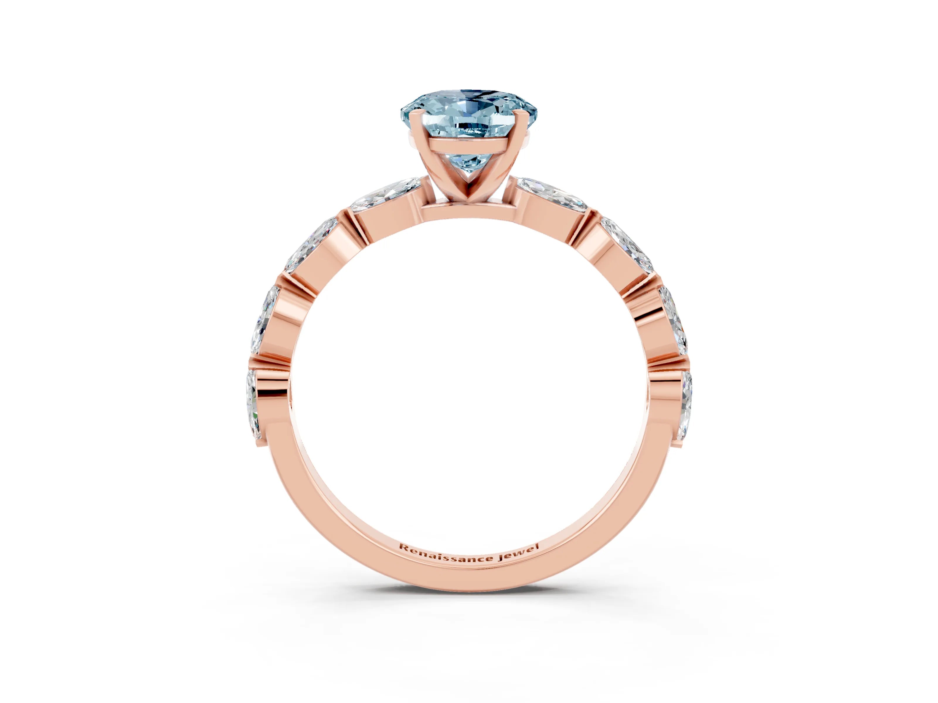 Rose gold Oval Cut Aquamarine Ring with Marquise Side Stones and Prong Setting_3
