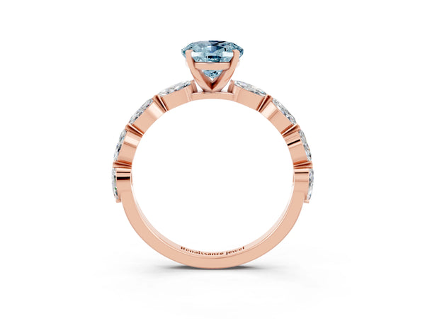 Rose gold Oval Cut Aquamarine Ring with Marquise Side Stones and Prong Setting