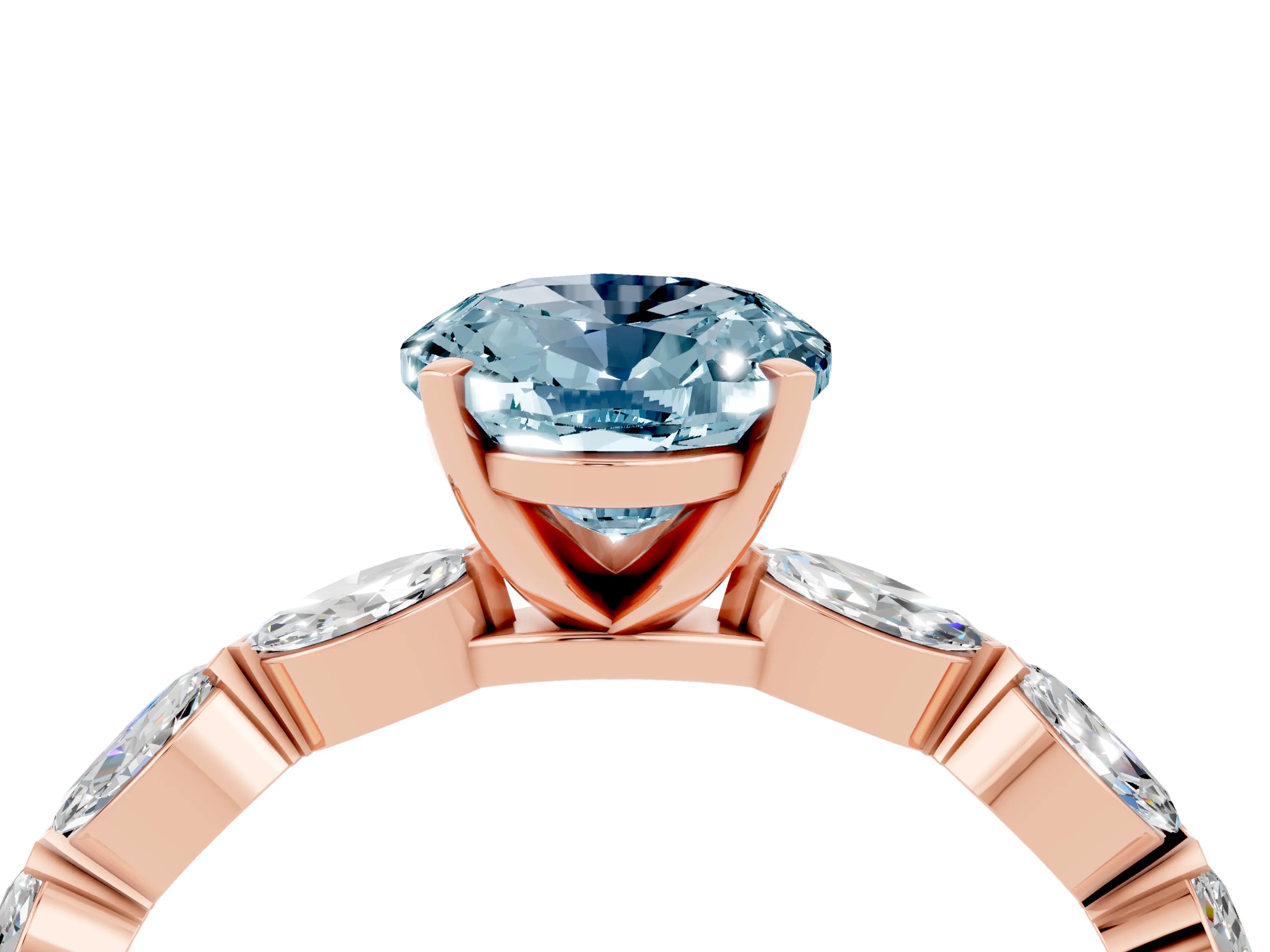 Rose gold Oval Cut Aquamarine Ring with Marquise Side Stones and Prong Setting_4