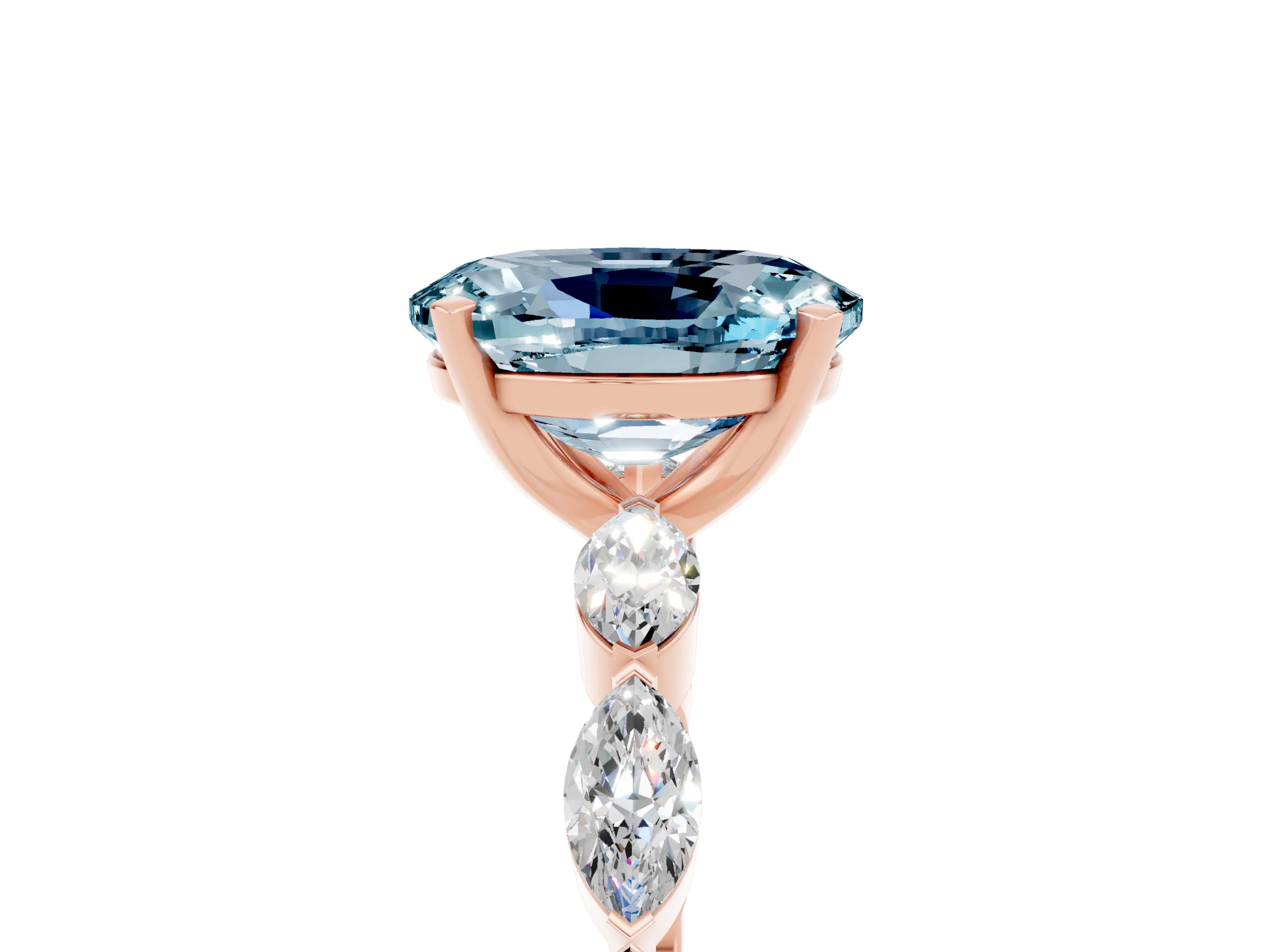 Rose gold Oval Cut Aquamarine Ring with Marquise Side Stones and Prong Setting_5
