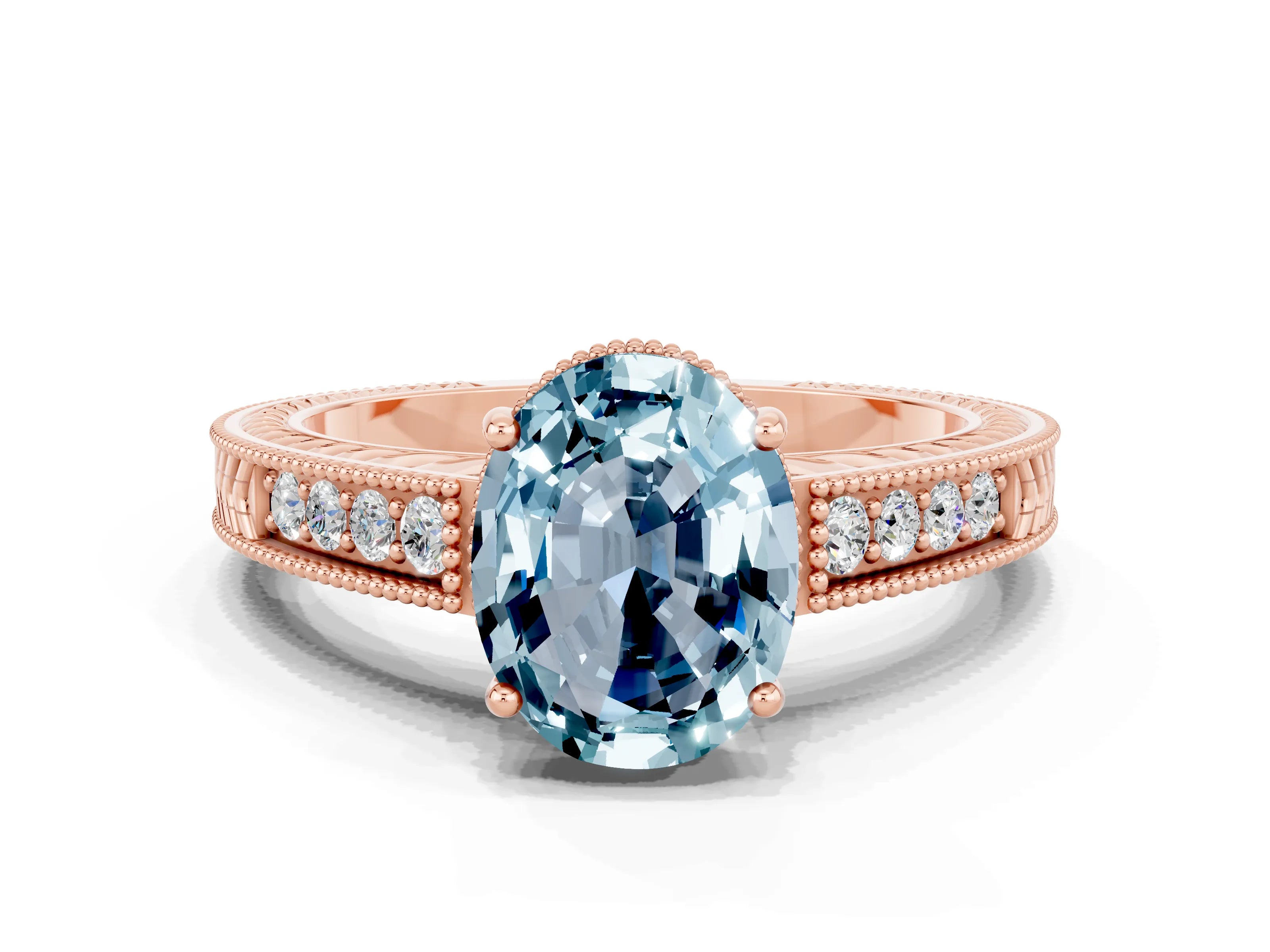 Rose gold Oval Cut Aquamarine Ring with Milgrain Pavé Band and Four-Prong Setting_12
