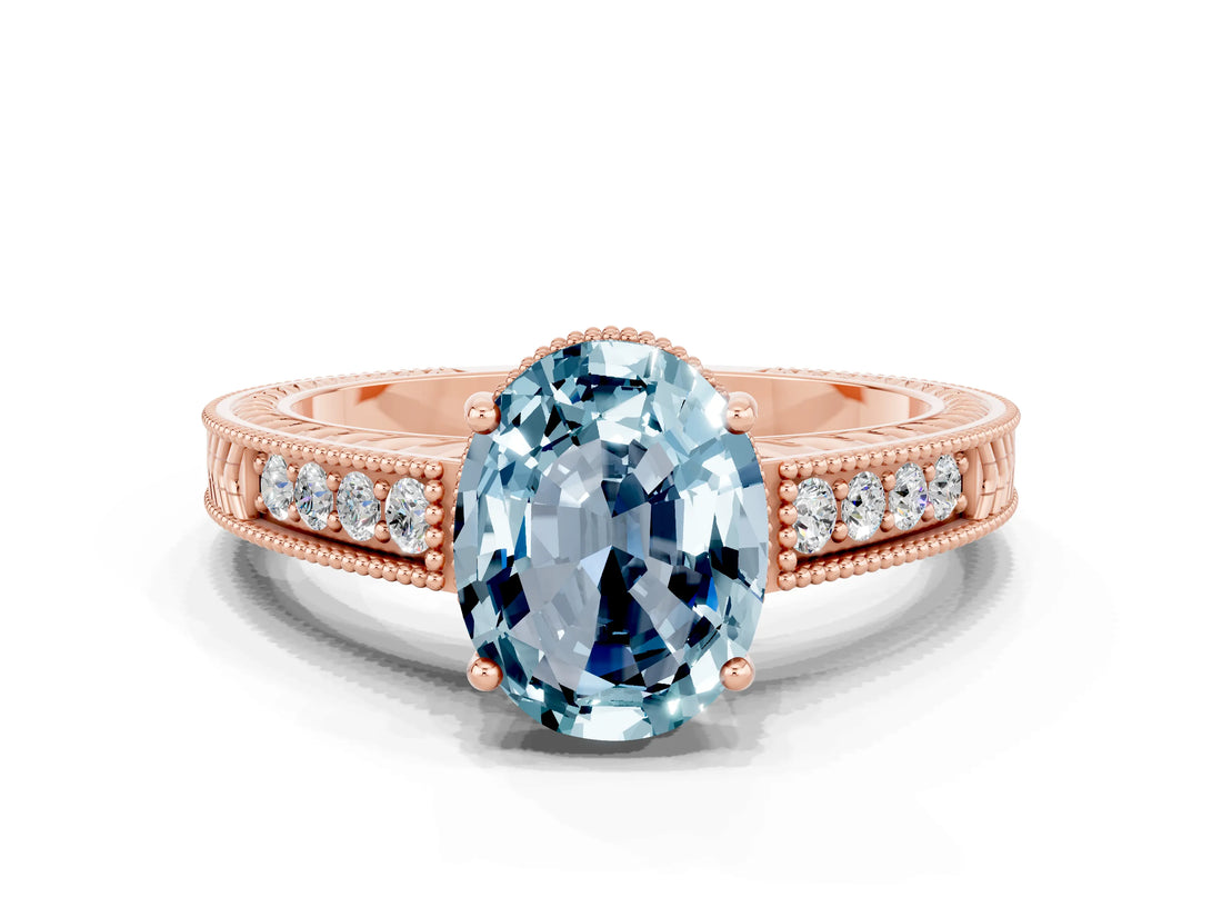 Rose gold Oval Cut Aquamarine Ring with Milgrain Pavé Band and Four-Prong Setting_12