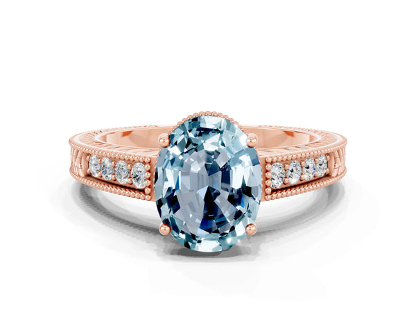 Rose gold Oval Cut Aquamarine Ring with Milgrain Pavé Band and Four-Prong Setting