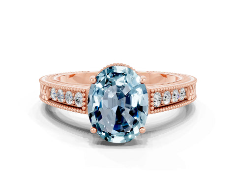 Rose gold Oval Cut Aquamarine Ring with Milgrain Pavé Band and Four-Prong Setting_12