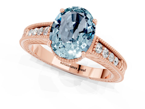 Rose gold Oval Cut Aquamarine Ring with Milgrain Pavé Band and Four-Prong Setting_13