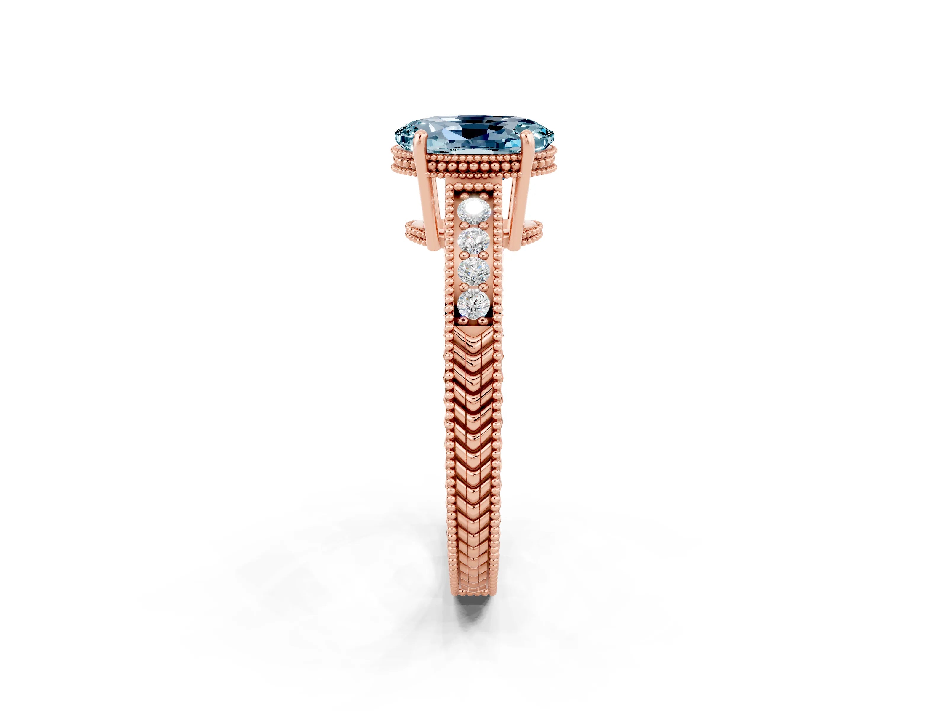 Rose gold Oval Cut Aquamarine Ring with Milgrain Pavé Band and Four-Prong Setting_14
