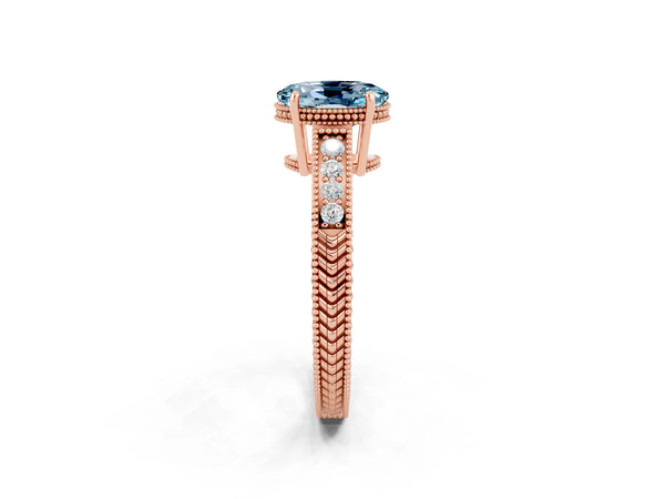 Rose gold Oval Cut Aquamarine Ring with Milgrain Pavé Band and Four-Prong Setting