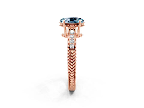 Rose gold Oval Cut Aquamarine Ring with Milgrain Pavé Band and Four-Prong Setting_14