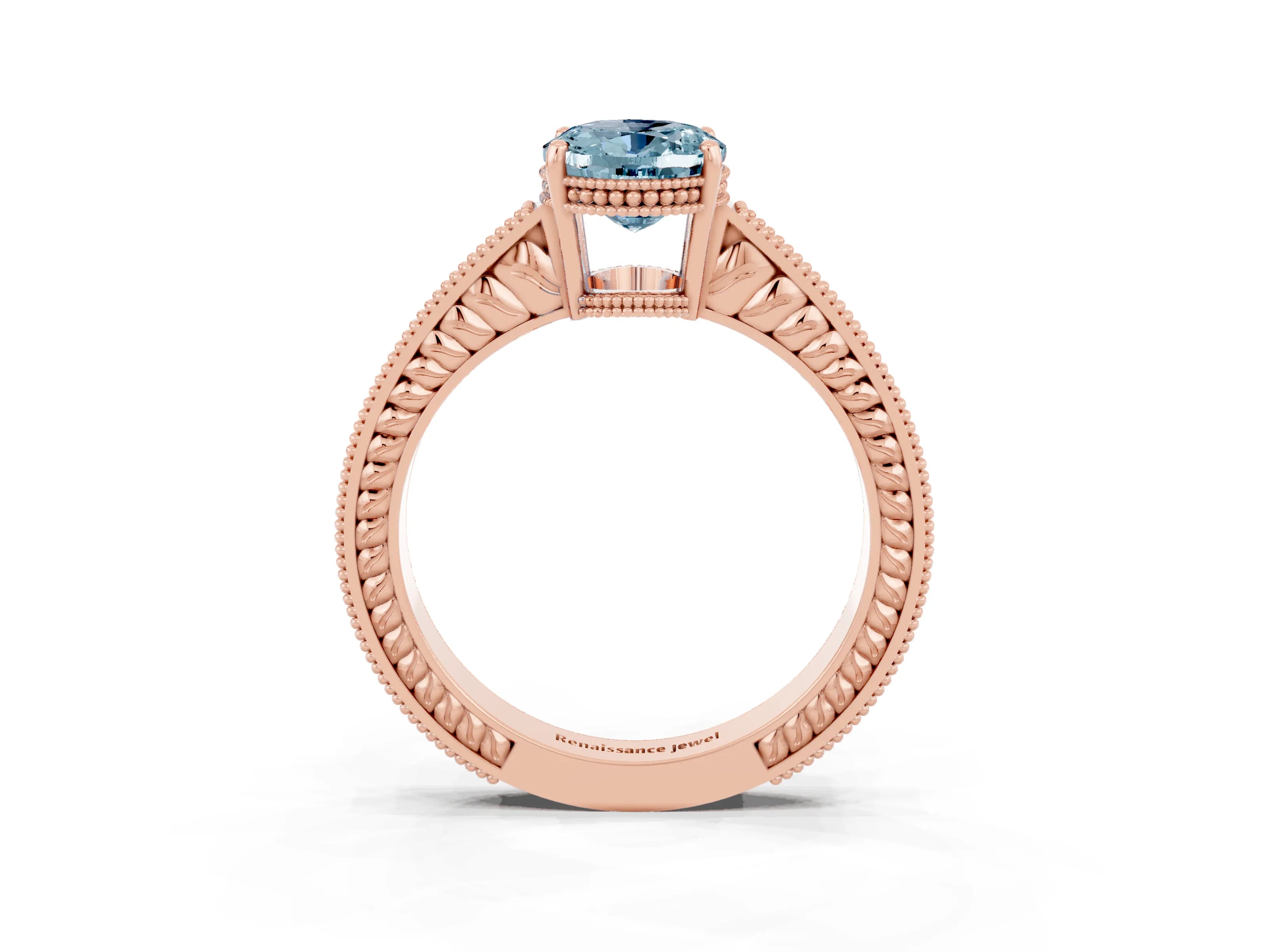 Rose gold Oval Cut Aquamarine Ring with Milgrain Pavé Band and Four-Prong Setting_15