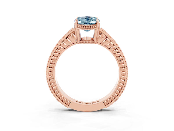 Rose gold Oval Cut Aquamarine Ring with Milgrain Pavé Band and Four-Prong Setting