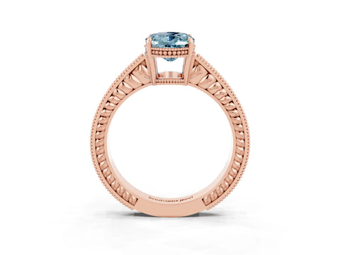 Rose gold Oval Cut Aquamarine Ring with Milgrain Pavé Band and Four-Prong Setting_15
