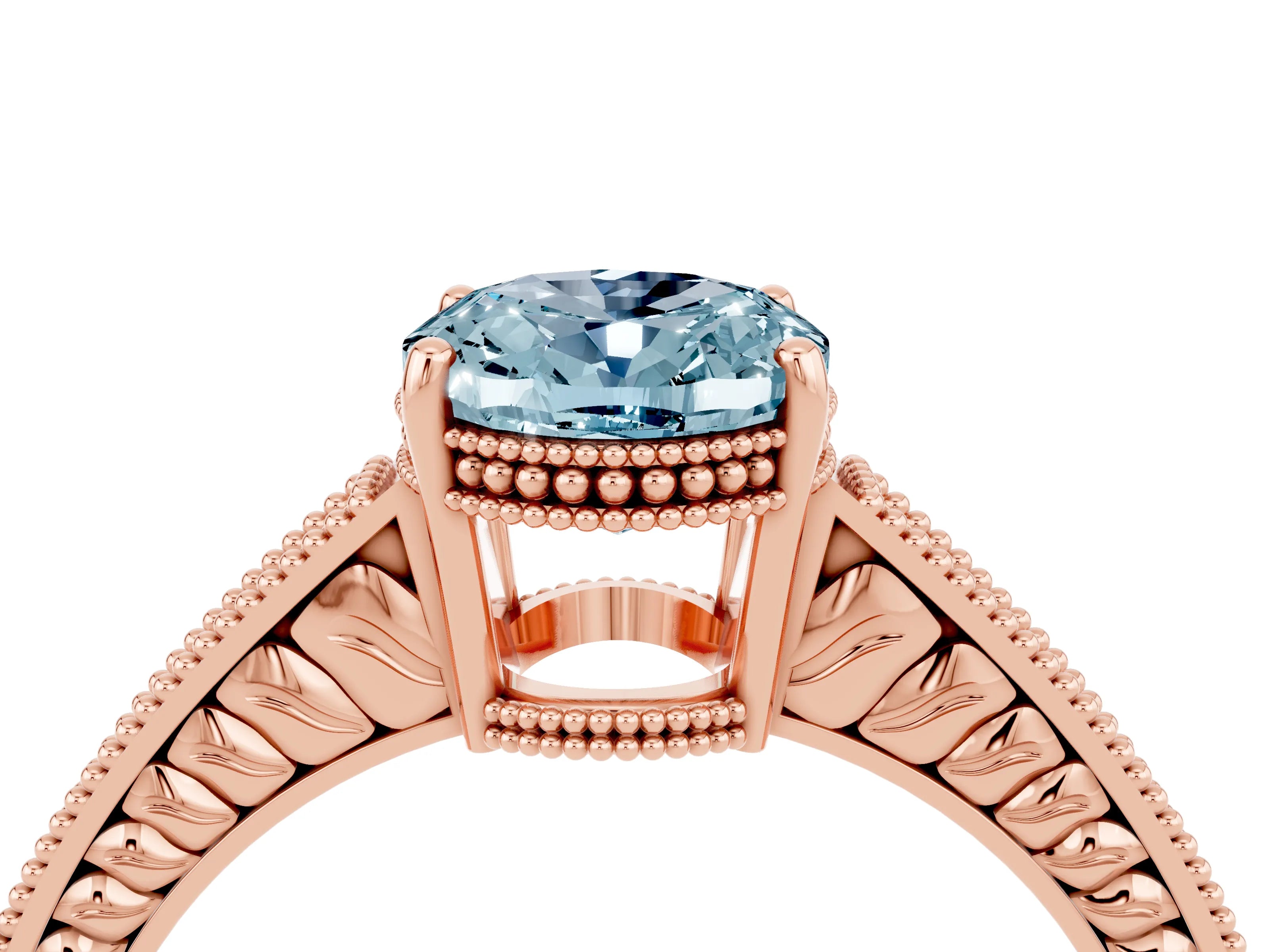 Rose gold Oval Cut Aquamarine Ring with Milgrain Pavé Band and Four-Prong Setting_16