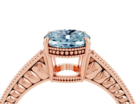 Rose gold Oval Cut Aquamarine Ring with Milgrain Pavé Band and Four-Prong Setting_16
