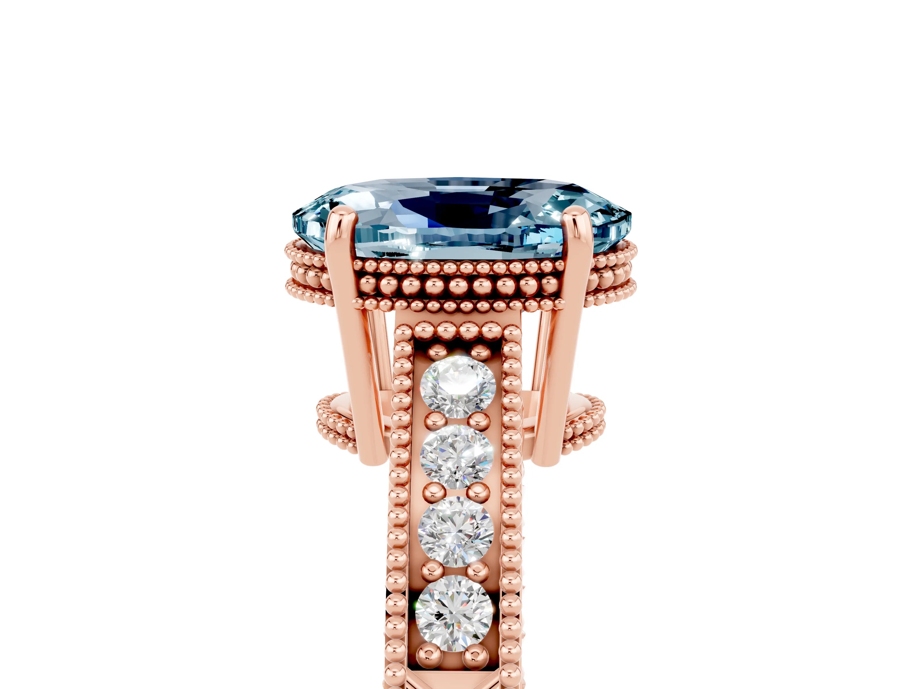 Rose gold Oval Cut Aquamarine Ring with Milgrain Pavé Band and Four-Prong Setting_17