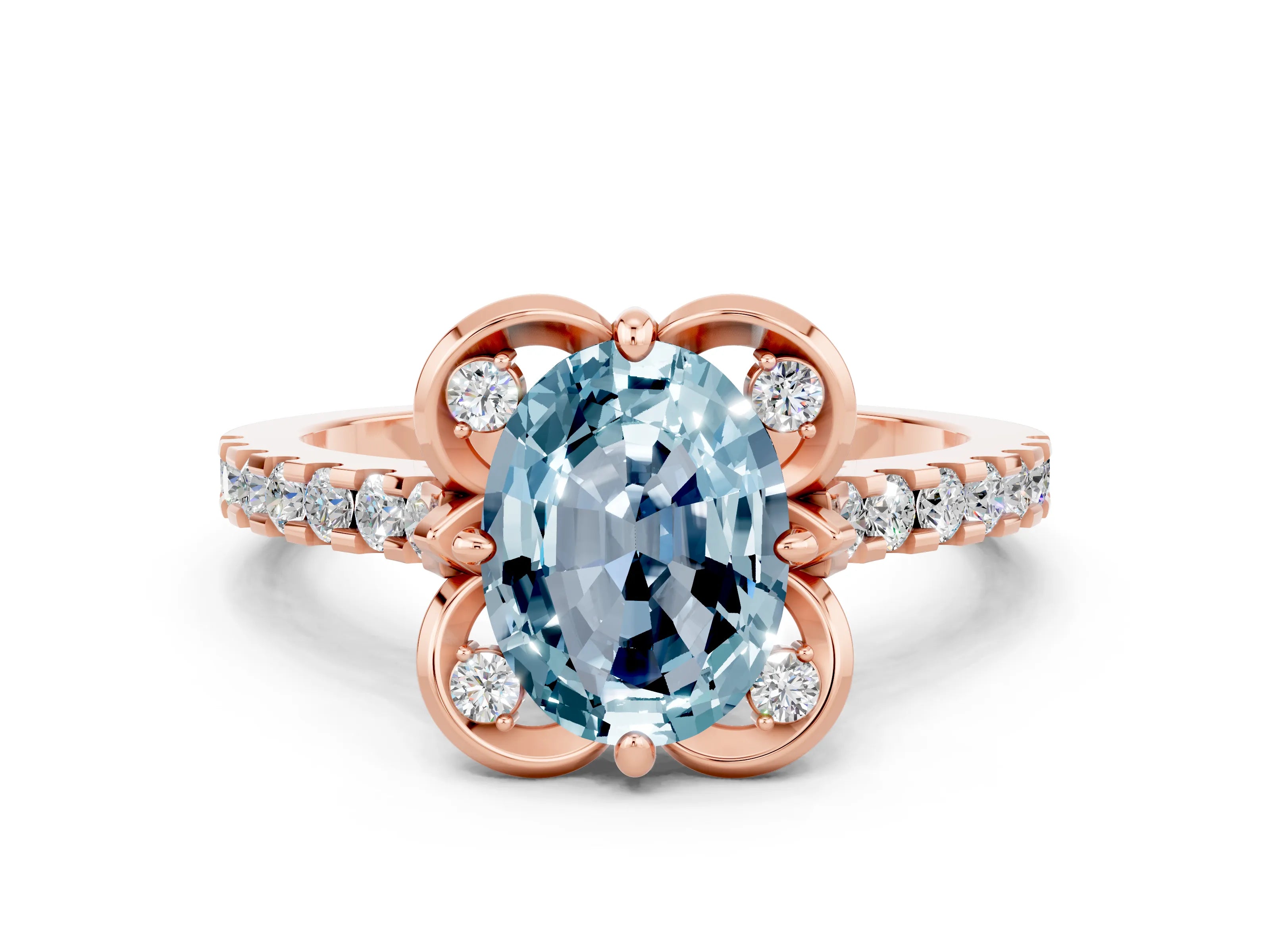 Rose gold Oval Cut Aquamarine Ring with Pavé Band and Floral Prong Setting