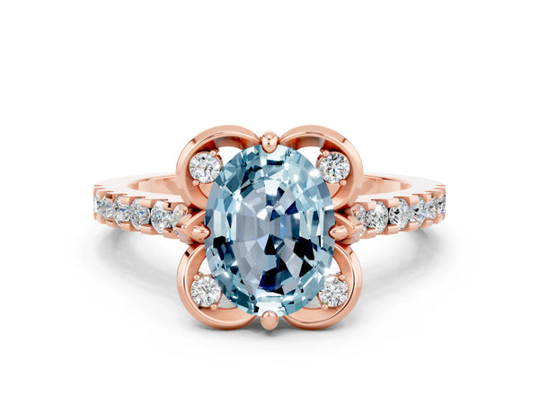 Rose gold Oval Cut Aquamarine Ring with Pavé Band and Floral Prong Setting