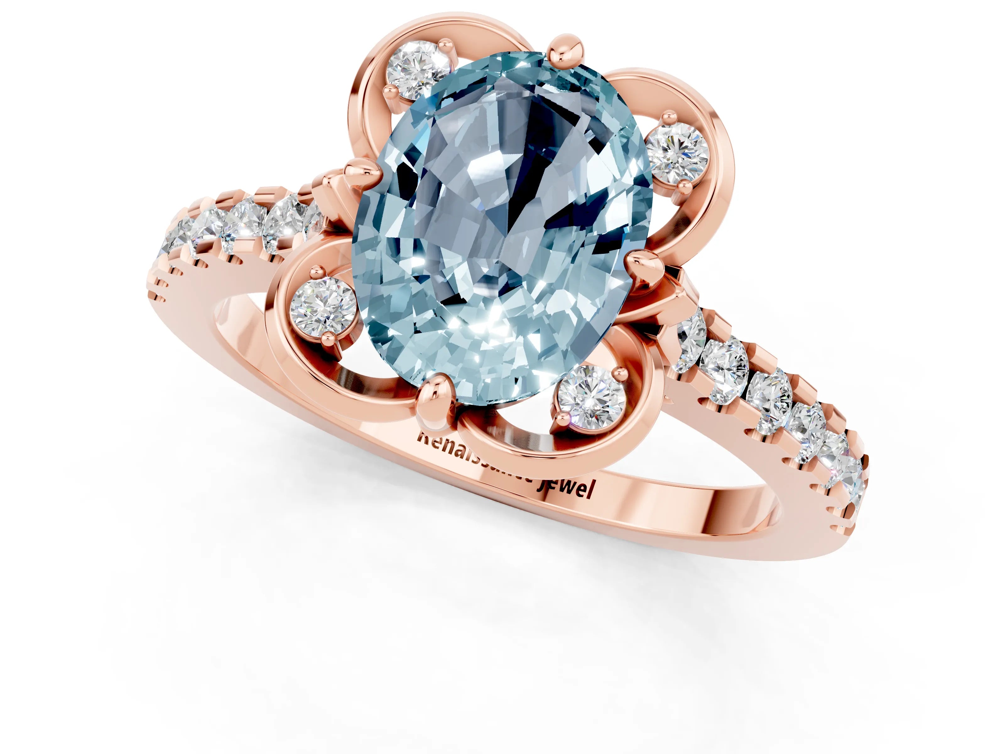 Rose gold Oval Cut Aquamarine Ring with Pavé Band and Floral Prong Setting_1