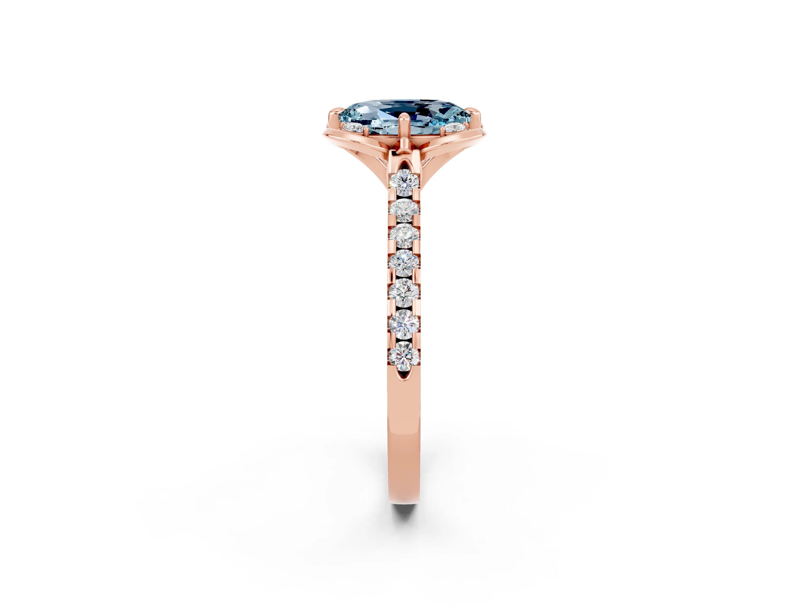 Rose gold Oval Cut Aquamarine Ring with Pavé Band and Floral Prong Setting_2