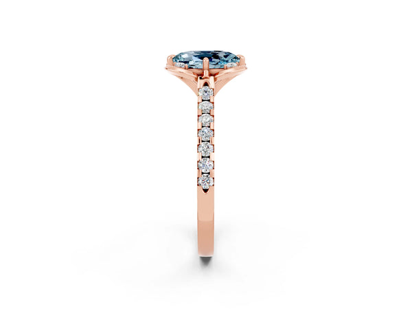 Rose gold Oval Cut Aquamarine Ring with Pavé Band and Floral Prong Setting