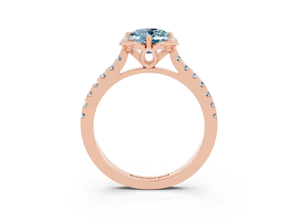 Rose gold Oval Cut Aquamarine Ring with Pavé Band and Floral Prong Setting