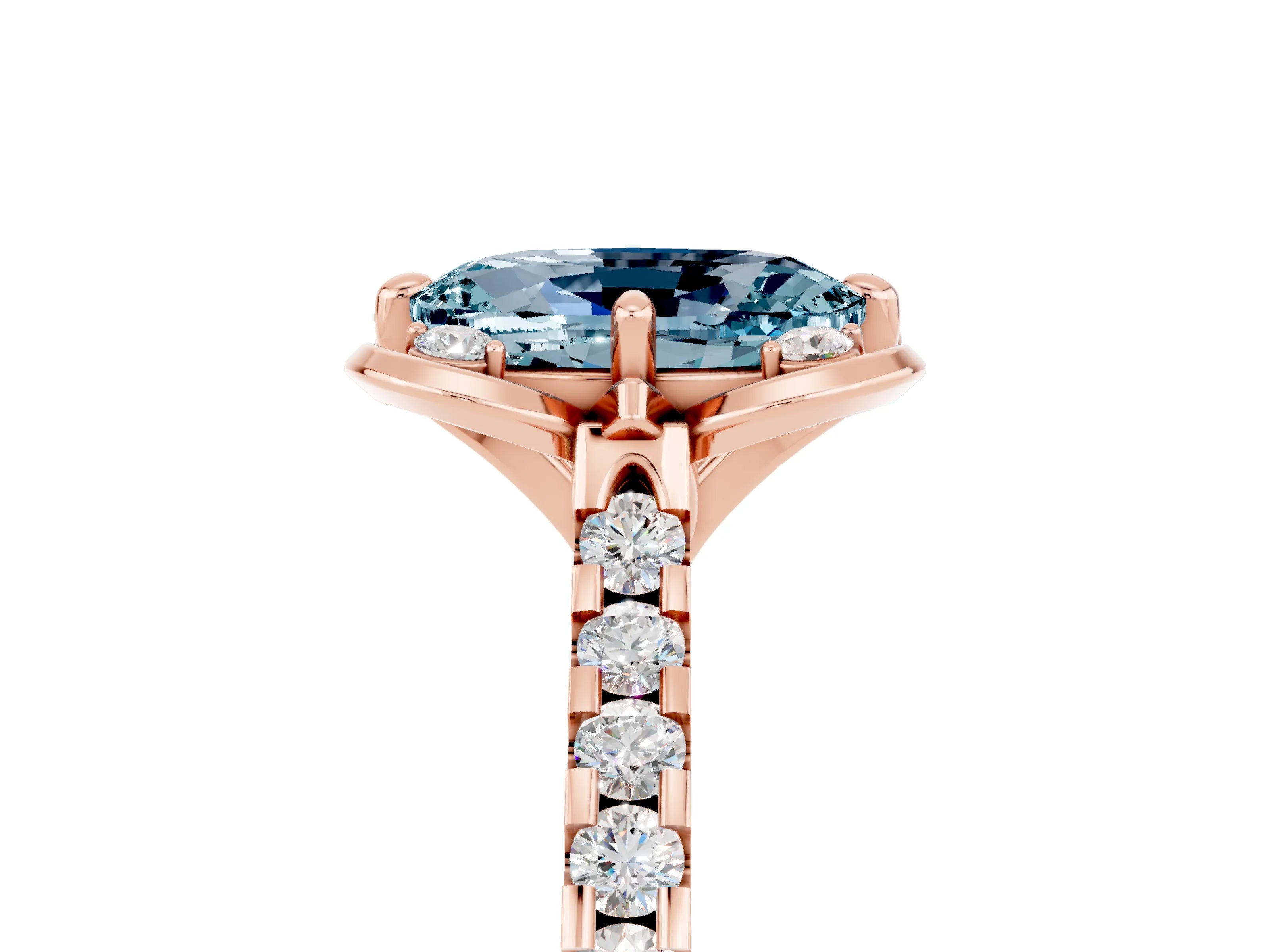 Rose gold Oval Cut Aquamarine Ring with Pavé Band and Floral Prong Setting_5